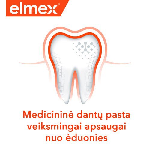 „Elmex“ iliustracija su apsaugoto danties paveikslėliu ir užrašu „Medicininė dantų pasta veiksmingai apsaugai nuo karieso“.