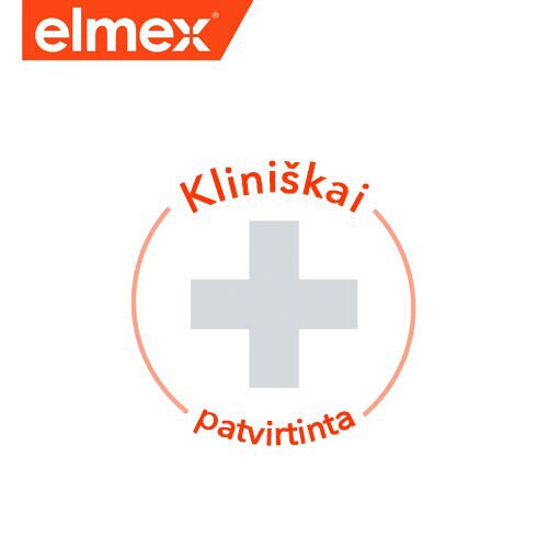„Elmex“ iliustracija su medicininiu kryžiumi ir užrašu „Klinikiniai tyrimai patvirtino“.