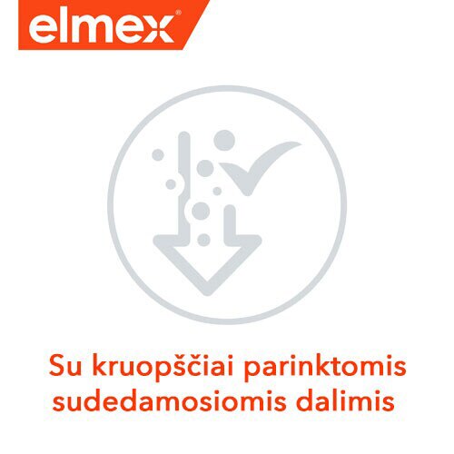 „Elmex“ iliustracija su piktograma ir užrašu „Su kruopščiai atrinktais ingredientais“.