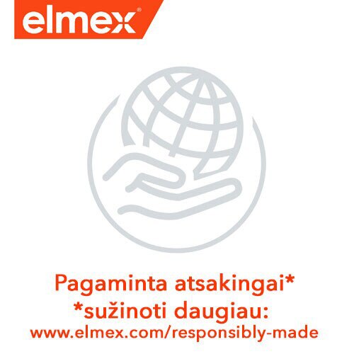 „Elmex“ grafika su rankos ir Žemės rutulio piktogramomis bei užrašu „Pagaminta atsakingai“ su nuoroda į elmex.com/responsible-made.