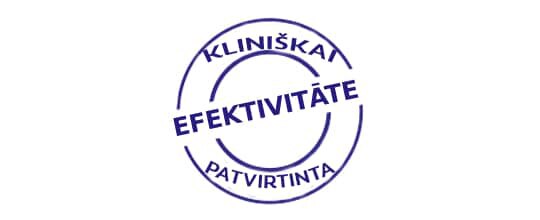Apvalus antspaudas su užrašu „Klinikiniai tyrimai patvirtino veiksmingumą“.
