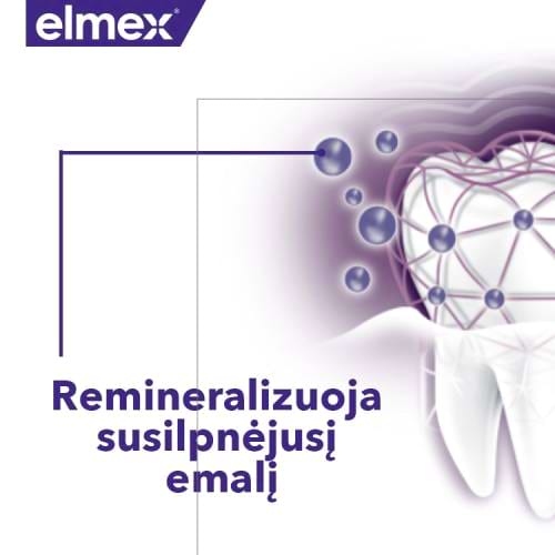 „Elmex“ iliustracija su dantų remineralizacijos vaizdu ir užrašu „Remineralizuoja susilpnėjusį emalį“.