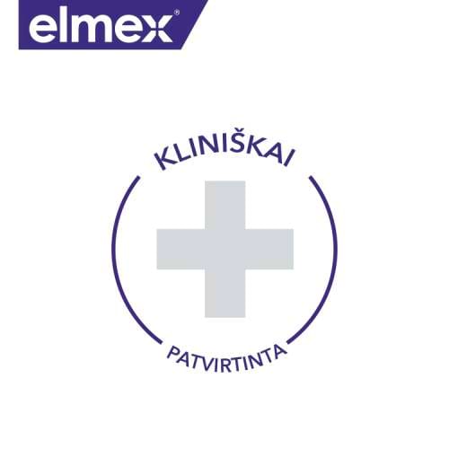 „Elmex“ logotipas, medicininio kryžiaus piktograma ir lietuviškas užrašas „Kliniškai patvirtinta“.