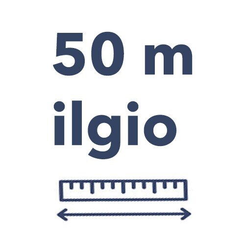 Paveikslėlis su liniuotės piktograma ir užrašu „50 m ilgio“, nurodantis dantų siūlo ilgį.