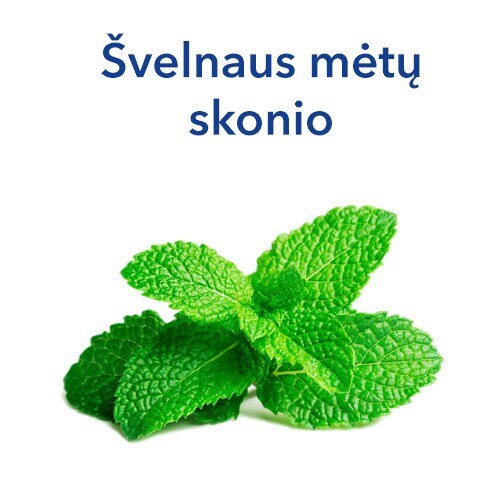 Šviežios žalios mėtų lapai ir užrašas „Šviežias mėtų aromatas“.