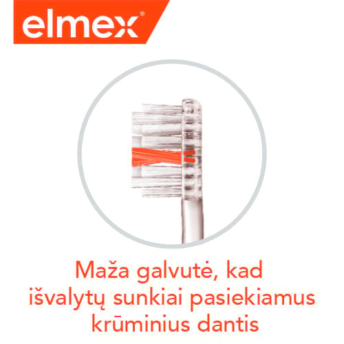 „Elmex“ iliustracija su mažos dantų šepetėlio galvutės paveikslėliu ir užrašu „Maža galvutė, skirta valyti sunkiai pasiekiamas dantų ertmes“.