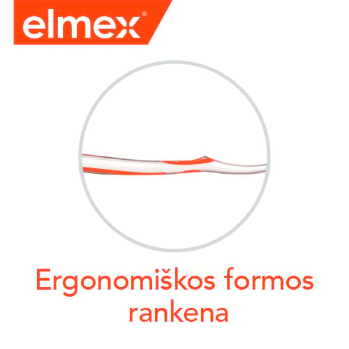 „Elmex“ iliustracija su dantų šepetėlio koteliu ir užrašu „Ergonomiškos formos rankena“.