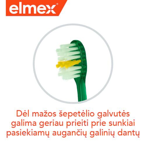 „Elmex“ logotipas, žalios spalvos dantų šepetėlio galvutės piktograma ir lietuviškas užrašas „Dėl mažos šepetėlio galvutės galima geriau prieiti prie sunkiai pasiekiamų augančių galinių dantų“.