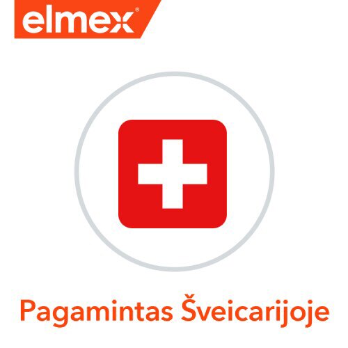 „Elmex“ logotipas, Šveicarijos vėliavos piktograma ir lietuviškas užrašas „Pagamintas Šveicarijoje“.