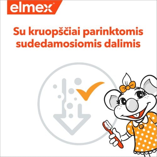 Elmex logotipas, peliuko personažas ir užrašas „Su kruopščiai parinktomis sudedamosiomis dalimis“.