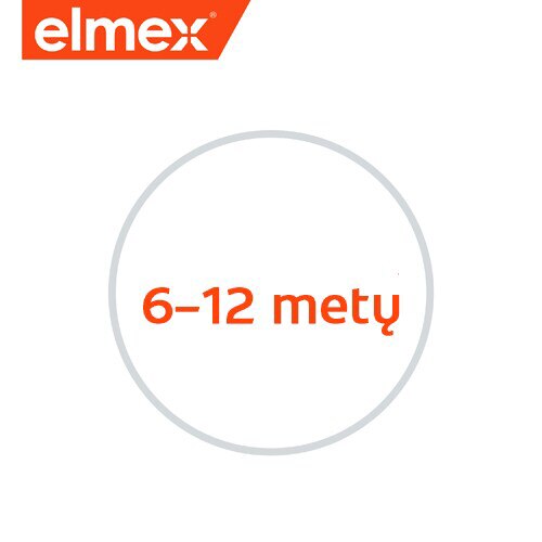 Elmex logotipas ir amžiaus grupės piktograma su užrašu „6–12 metų“.