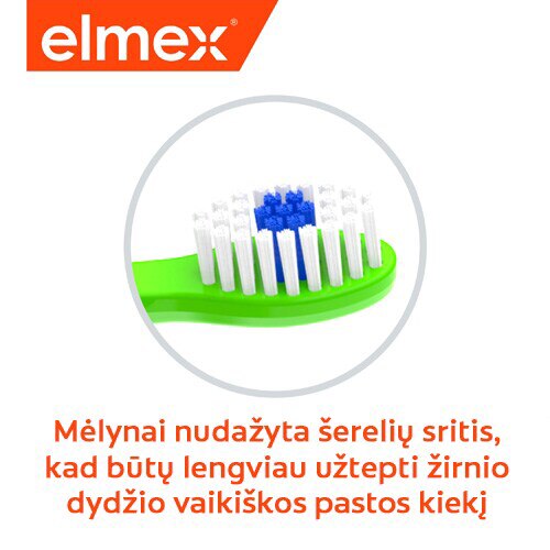 Elmex logotipas ir žalias šepetėlis su mėlyna šerelių sritimi pastos dozavimui.