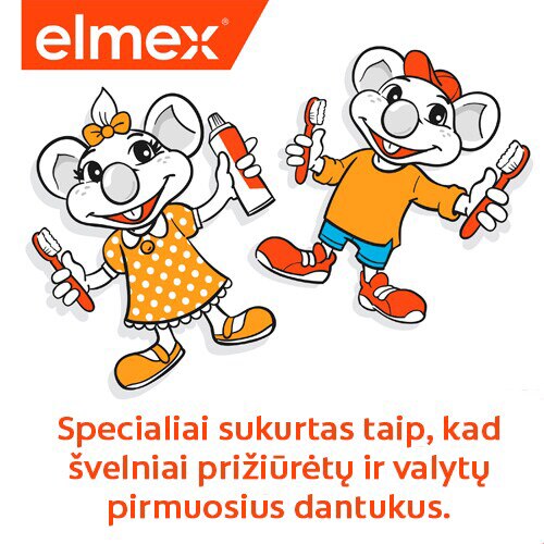 Elmex logotipas, piešti peliukai su šepetėliais ir užrašas apie pirmuosius dantukus.