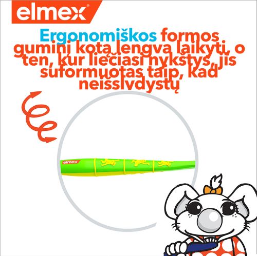 Elmex logotipas ir vaikiško šepetėlio ergonomiškas guminis kotelis su peliuko iliustracija.