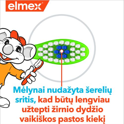 Elmex logotipas, peliuko personažas ir šepetėlio mėlyna šerelių sritis pastos dozavimui.