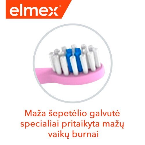 Elmex logotipas ir maža dantų šepetėlio galvutė, pritaikyta mažų vaikų burnai.