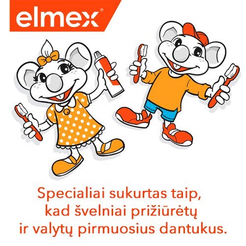 Elmex logotipas ir du piešti peliukai su šepetėliais bei užrašas apie pirmuosius dantukus.