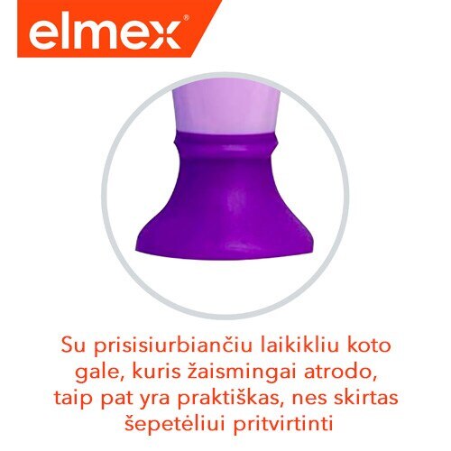 Elmex logotipas ir vaikiško dantų šepetėlio prisisiurbiantis laikiklis koto gale.
