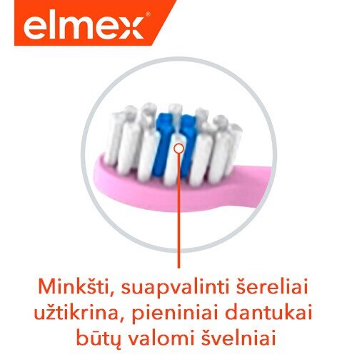 Elmex logotipas ir vaikiško dantų šepetėlio minkšti suapvalinti šereliai švelniam pieninių dantų valymui.