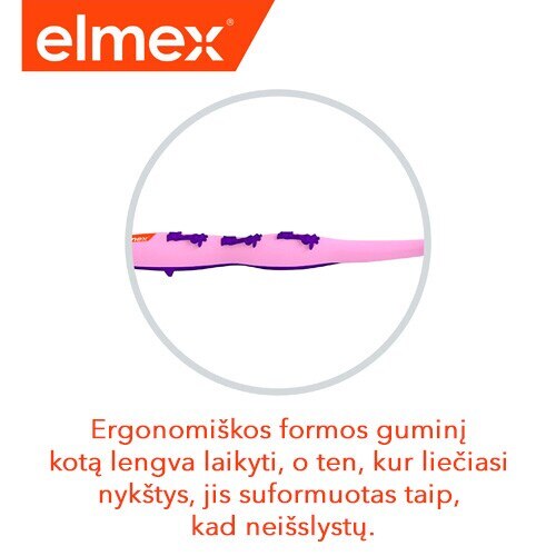 Elmex logotipas ir ergonomiškas guminis vaikiško dantų šepetėlio kotelis patogiam laikymui.