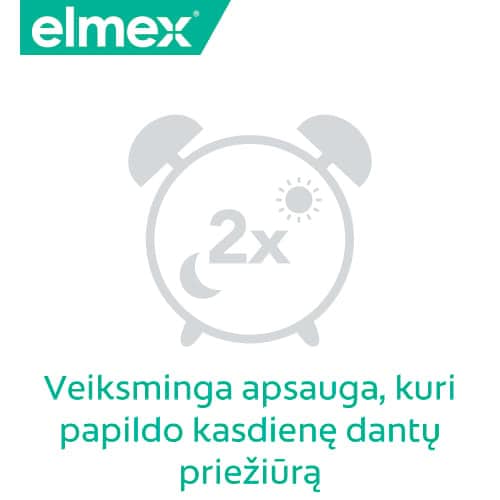 Elmex logotipas ir žadintuvo piktograma 2 kartus per dieną su tekstu apie kasdienę dantų priežiūros apsaugą.