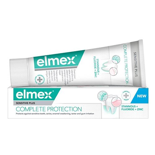 Elmex Sensitive Plus Complete Protection dantų pastos tūbelė ir pakuotės dėžutė.
