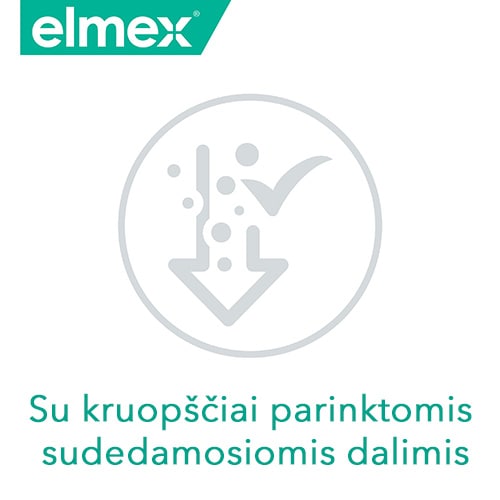 Elmex logotipas ir piktograma su varnele bei užrašu „Su kruopščiai parinktomis sudedamosiomis dalimis“.