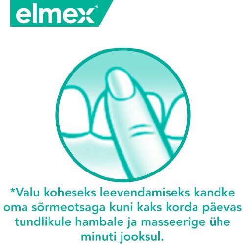 Elmex logotipas ir piktograma, vaizduojanti jautraus danties masažavimą piršto galiuku skausmui malšinti.