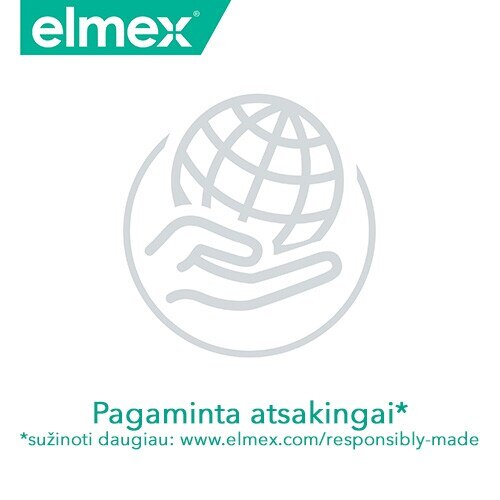 Elmex logotipas ir atsakingos gamybos piktograma su gaubliu bei užrašu „Pagaminta atsakingai“.