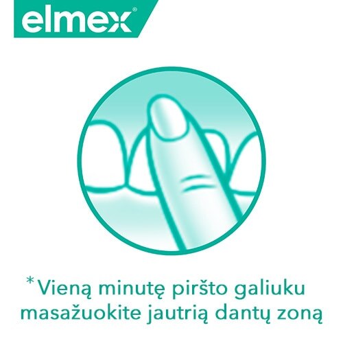 Elmex logotipas ir pirštas, masažuojantis dantį, su užrašu „Vieną minutę piršto galiuku masažuokite jautrią dantų zoną“.
