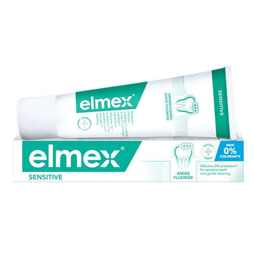 Elmex Sensitive Professional Gentle Whitening dantų pasta ir pakuotė jautriems dantims balinti.