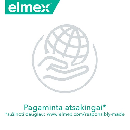 Elmex logotipas ir atsakingos gamybos piktograma su gaubliu bei užrašu „Pagaminta atsakingai“.