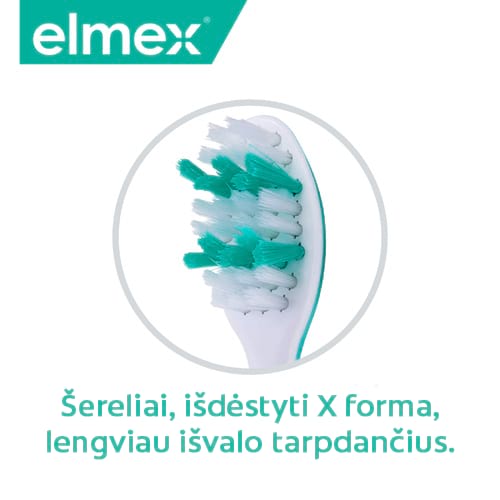 Elmex logotipas ir X forma išdėstyti šereliai su užrašu „Šereliai, išdėstyti X forma, lengviau išvalo tarpdančius.“