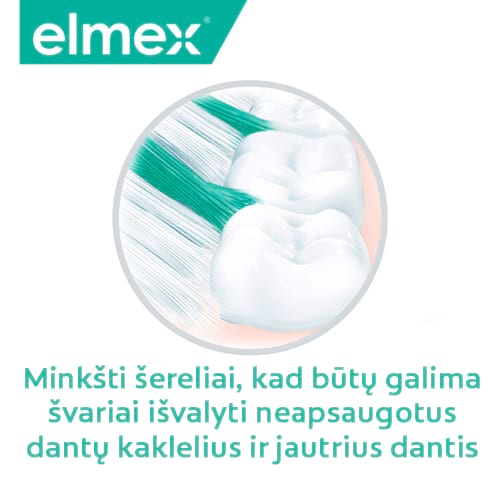 Elmex logotipas ir šerelių valymo schema su tekstu apie neapsaugotų dantų kaklelių ir jautrių dantų valymą.