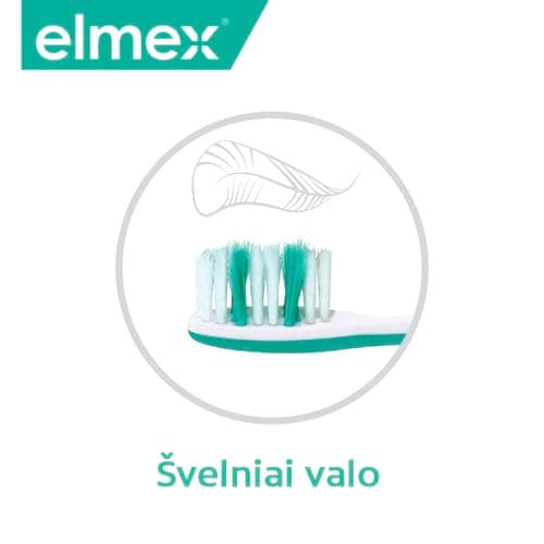 Elmex logotipas ir dantų šepetėlio šereliai su plunksnos piktograma bei užrašu „Švelniai valo“.