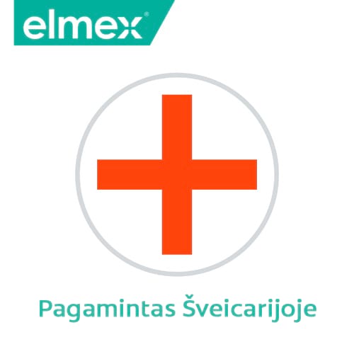 Elmex logotipas ir raudonas kryžius apskritime su užrašu „Pagamintas Šveicarijoje“.