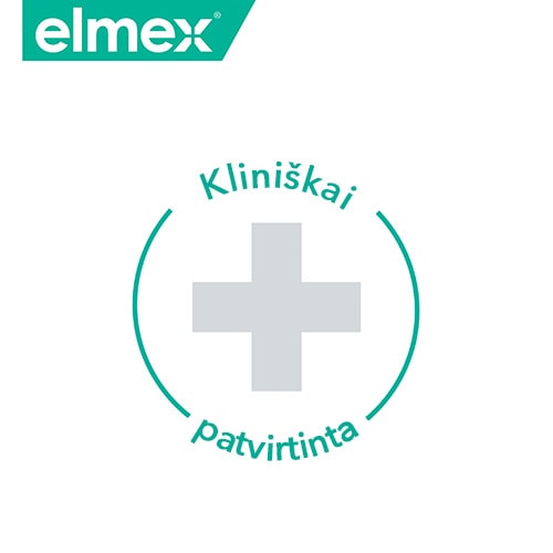 Elmex logotipas ir klinikinio patvirtinimo ikona su pliuso ženklu bei tekstu „Kliniškai patvirtinta“.