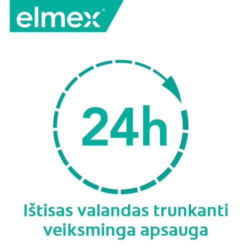 Elmex logotipas ir 24 valandų apsaugos piktograma su užrašu „Ištisas valandas trunkanti veiksminga apsauga“.