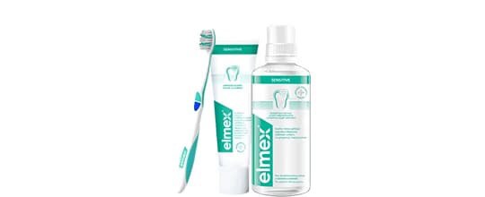 Elmex Sensitive burnos higienos rinkinys: dantų šepetėlis, dantų pasta ir burnos skalavimo skystis jautriems dantims.