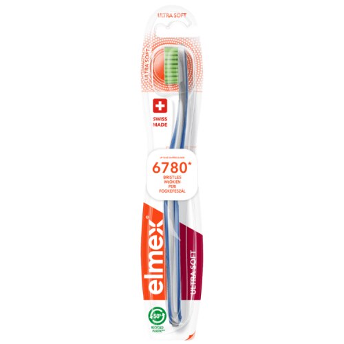 „Elmex Ultra Soft“ itin minkštas dantų šepetėlis, kurio pakuotėje yra 6780 šerių dantų valymui.