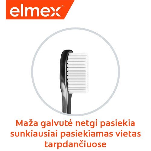 „Elmex“ iliustracija su maža dantų šepetėlio galvute ir tekstu apie valymą sunkiai pasiekiamose vietose.