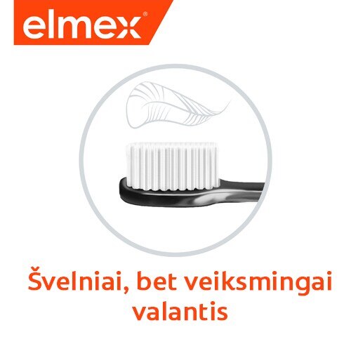 „Elmex“ iliustracija su dantų šepetėliu ir spalvomis bei užrašu „Švelnus, bet veiksmingas valymas“.